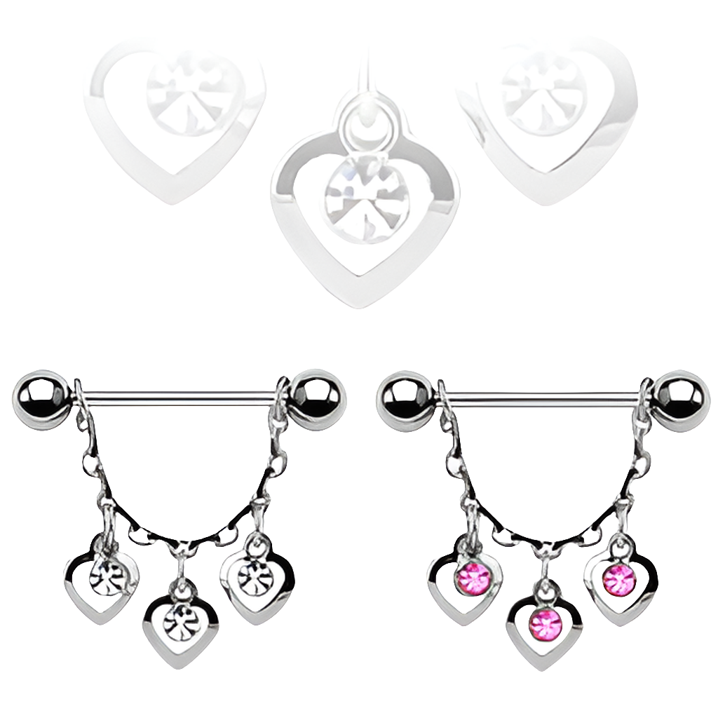 Tepelpiercing met hartjes hanger Clear Zilverkleurig - Chirurgisch Staal