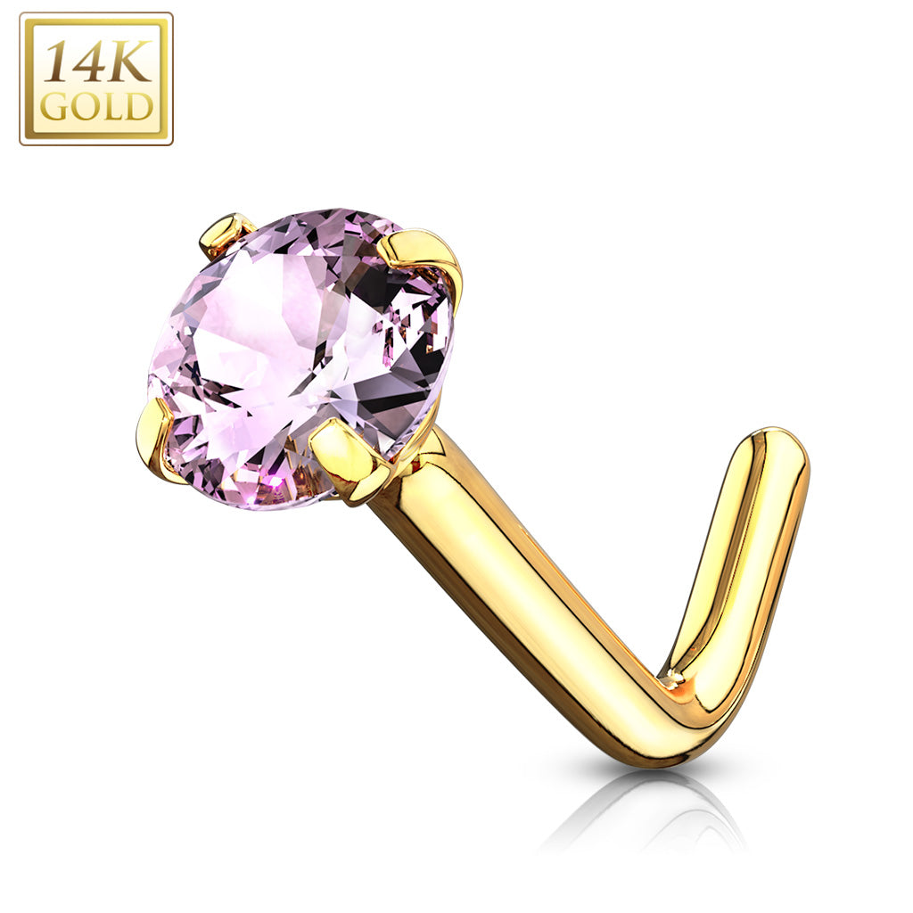 L-vormige neuspiercing met roze zirconia in 14kt goud