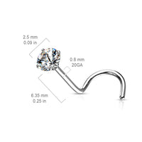Neuspiercing met afmetingen: staafdikte 0.8mm, lengte 6.35mm, steentje 2.5mm