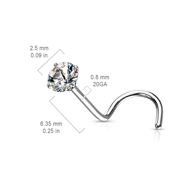 Neuspiercing met afmetingen: staafdikte 0.8mm, lengte 6.35mm, steentje 2.5mm