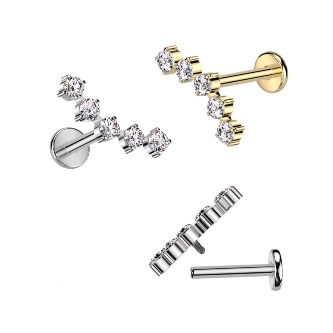 Labret Piercing Goudkleurig Boog 5 Zirconia Steentjes - Titanium