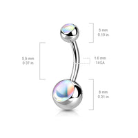 Piercing met multicolor steen en zilverkleurige staaf, maten duidelijk zichtbaar