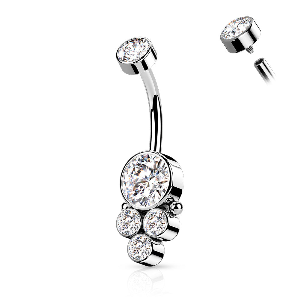 Zilverkleurige navelpiercing met cluster zirconia kristallen – chirurgisch staal, voor de navel