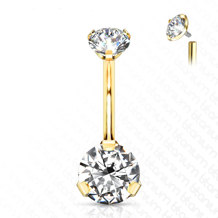 Goudkleurige navelpiercing van titanium met twee heldere zirconia, glanzend design voor de navel