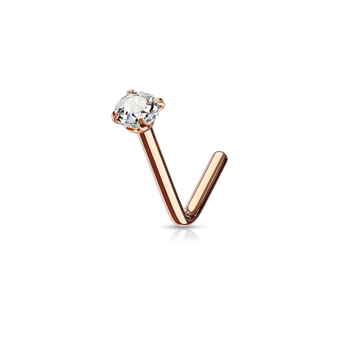 Roségouden L-vormige neuspiercing van chirurgisch staal met heldere zirconia steen