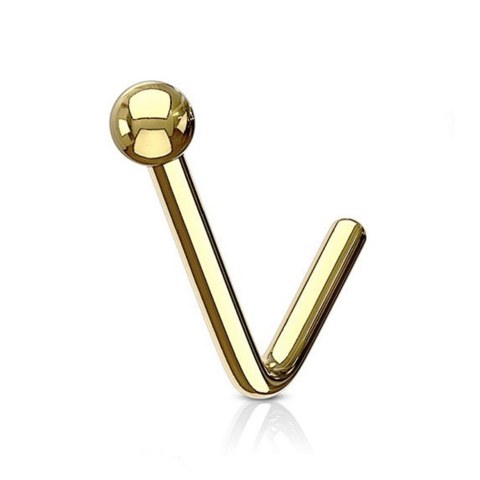 Goudkleurige L-vorm neuspiercing met bolletje, vervaardigd uit chirurgisch staal, geschikt voor de nostril
