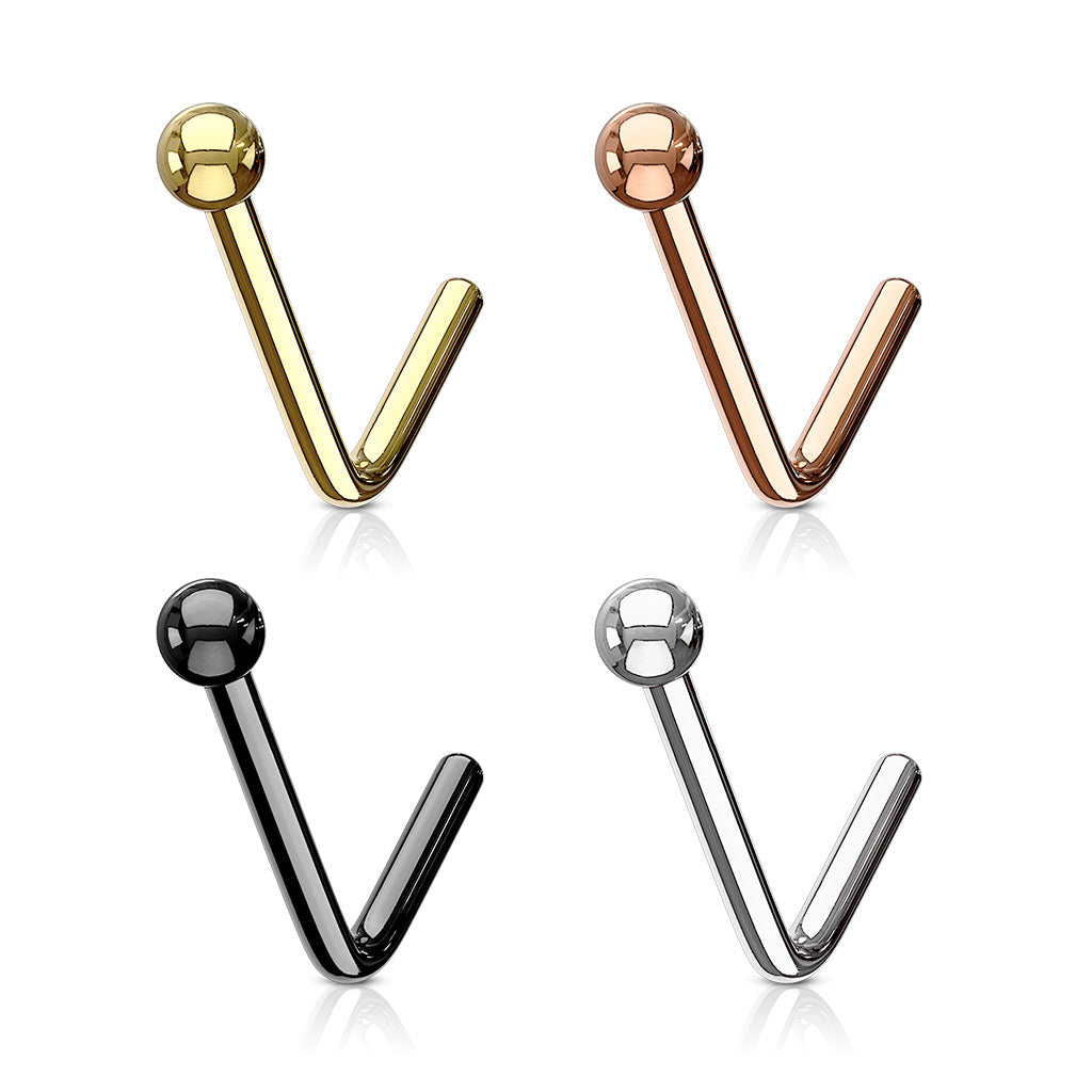 Diverse L-vorm neuspiercings in goud, zilver, zwart en rosé