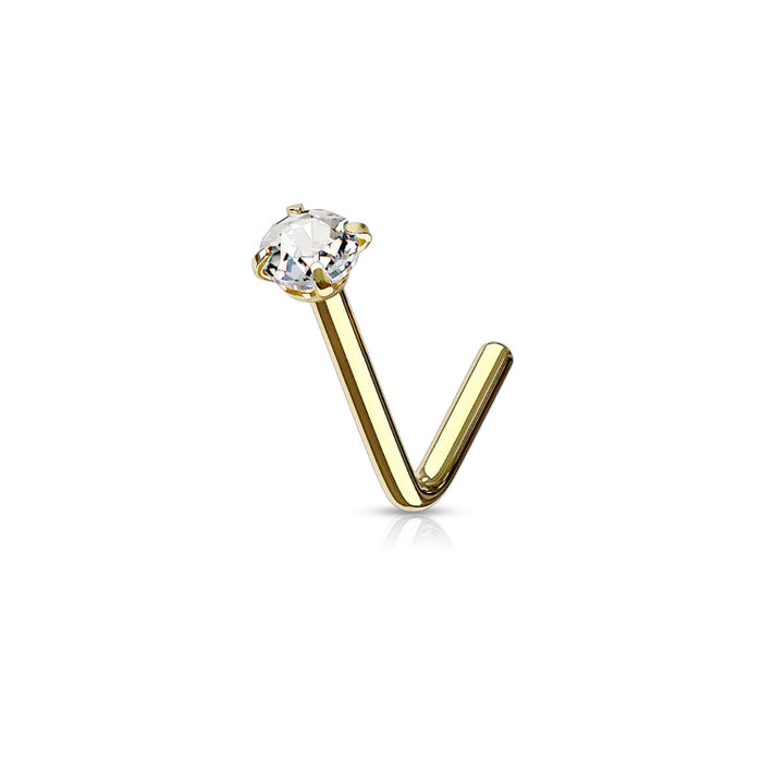 Goudkleurige L-vorm neuspiercing met heldere zirconia, vervaardigd uit chirurgisch staal, geschikt voor de nostril.